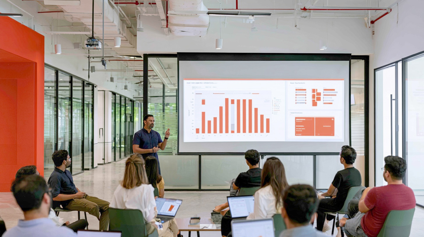 Team presentation in an orange-accented workplace