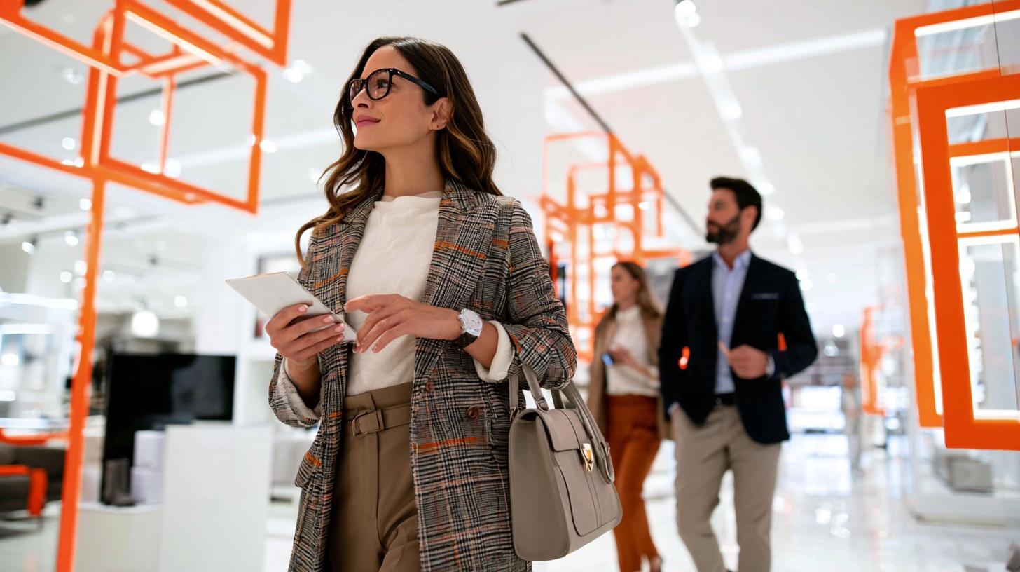 Shopper moving through a bright retail space with orange structures