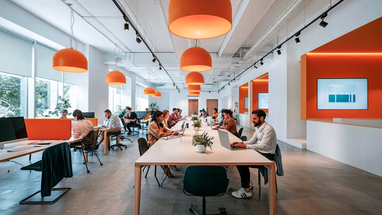 Collaborative office with orange lighting and work areas
