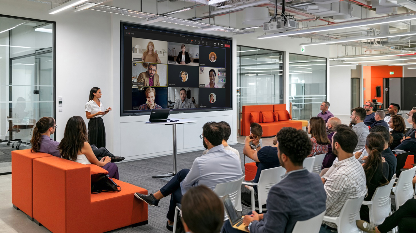 Presenter connecting an in-person audience with remote participants in an orange-accented workplace