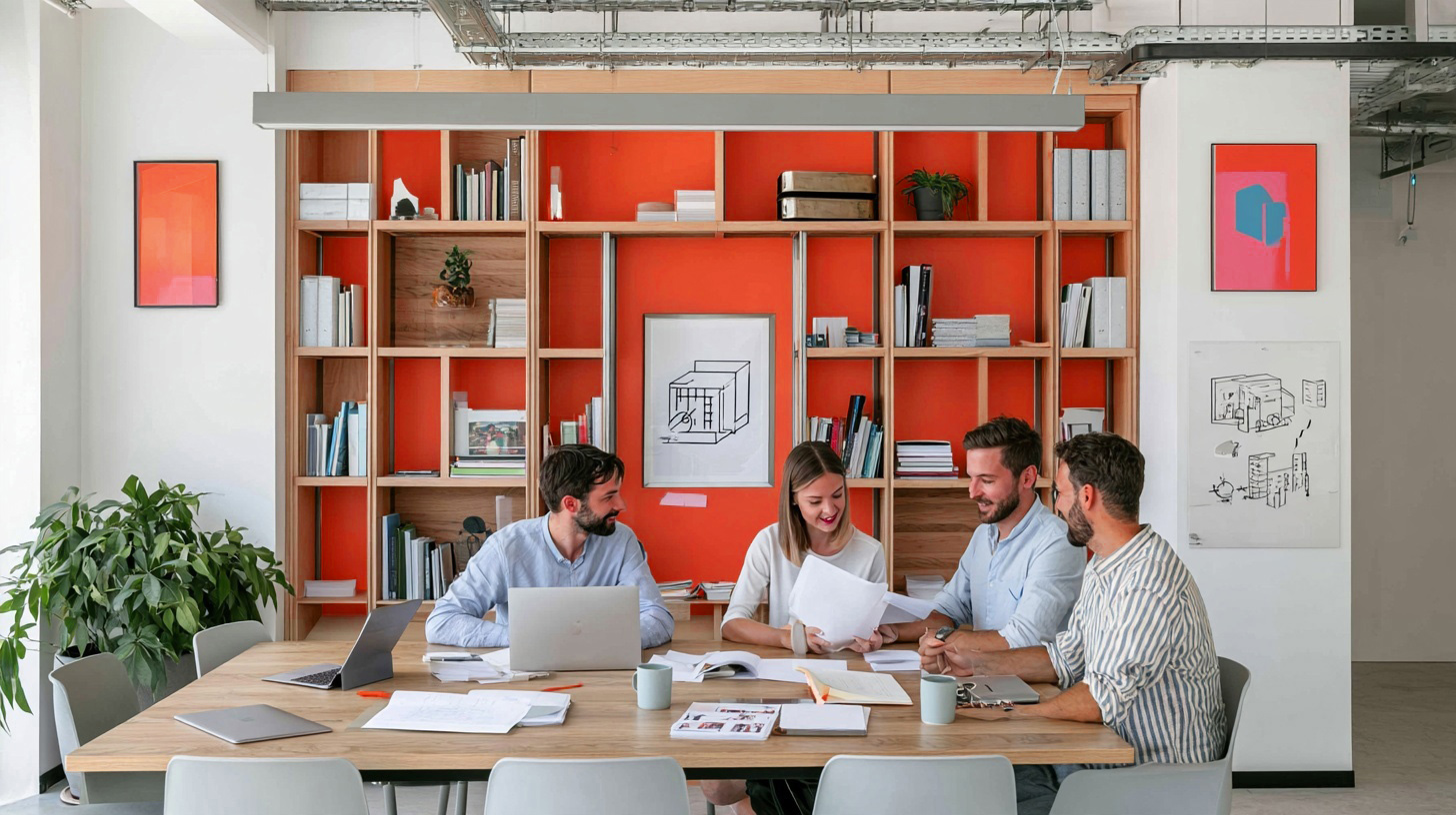 Cross-functional team collaborating in front of orange shelving