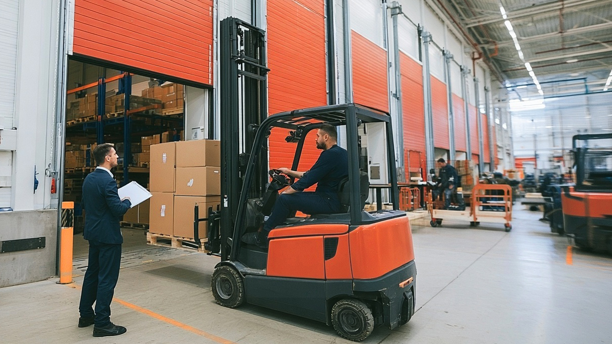 Manufacturing facility with an orange forklift and orange equipment